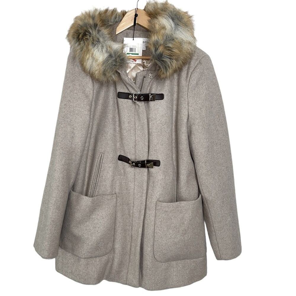 Calvin Klein NWT Tan Herringbone Wool Coat Faux Fur Hood Size L - Picture 2 of 11